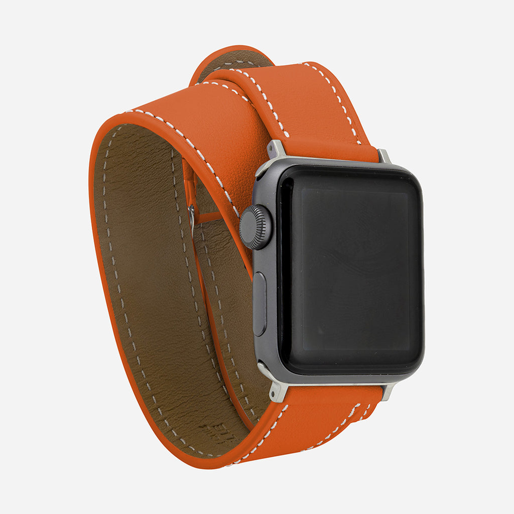 bracelet cuir double tour Apple Watch orange