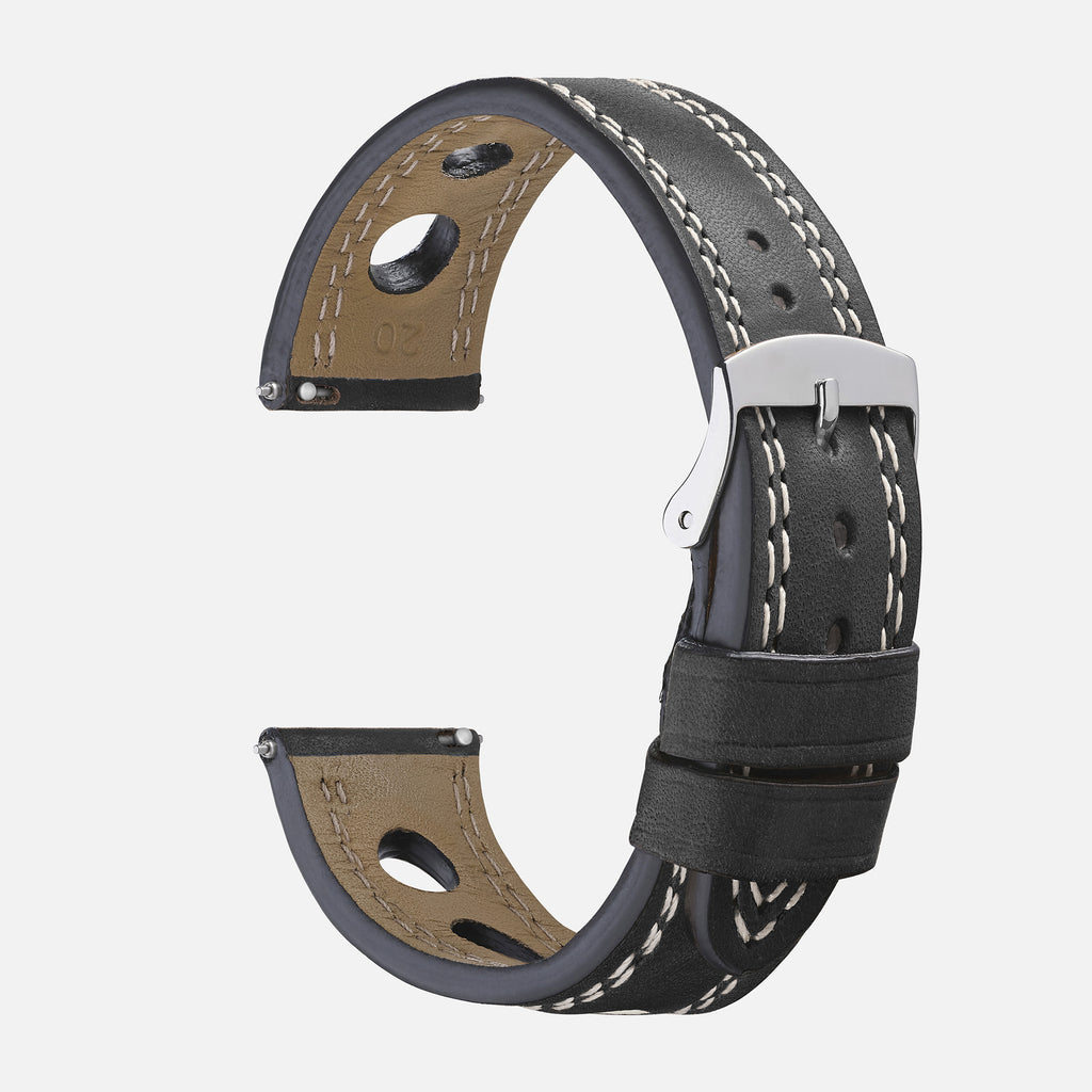 bracelet montre cuir perforé noir