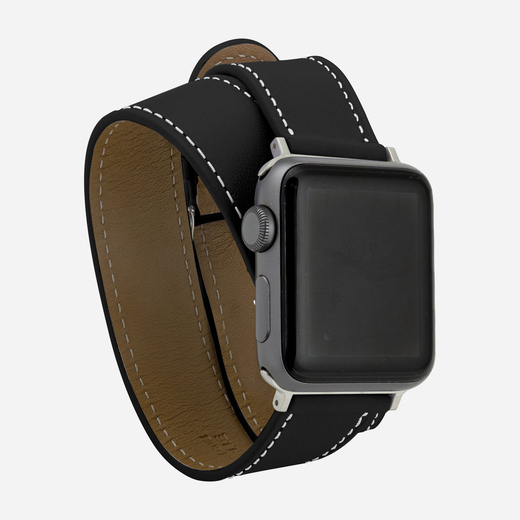 Bracelet double tour cuir noir montre Apple 