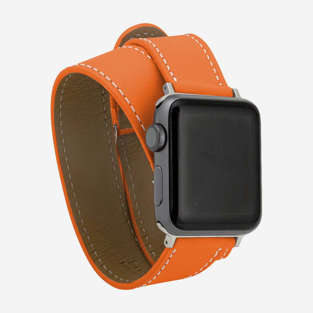bracelet cuir double tour orange compatible Apple Watch